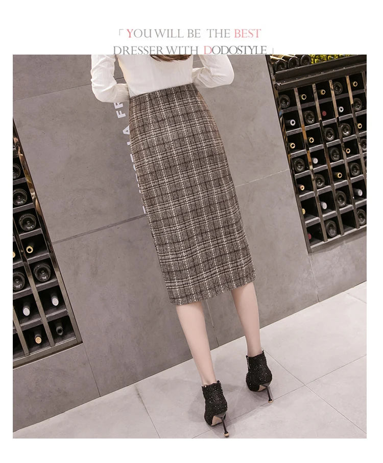 REALEFT Autumn Winter Vintage Woolen Plaid Midi Skirts High Waist Sheath Pencil Knee-Length Wrap Skirts Female New