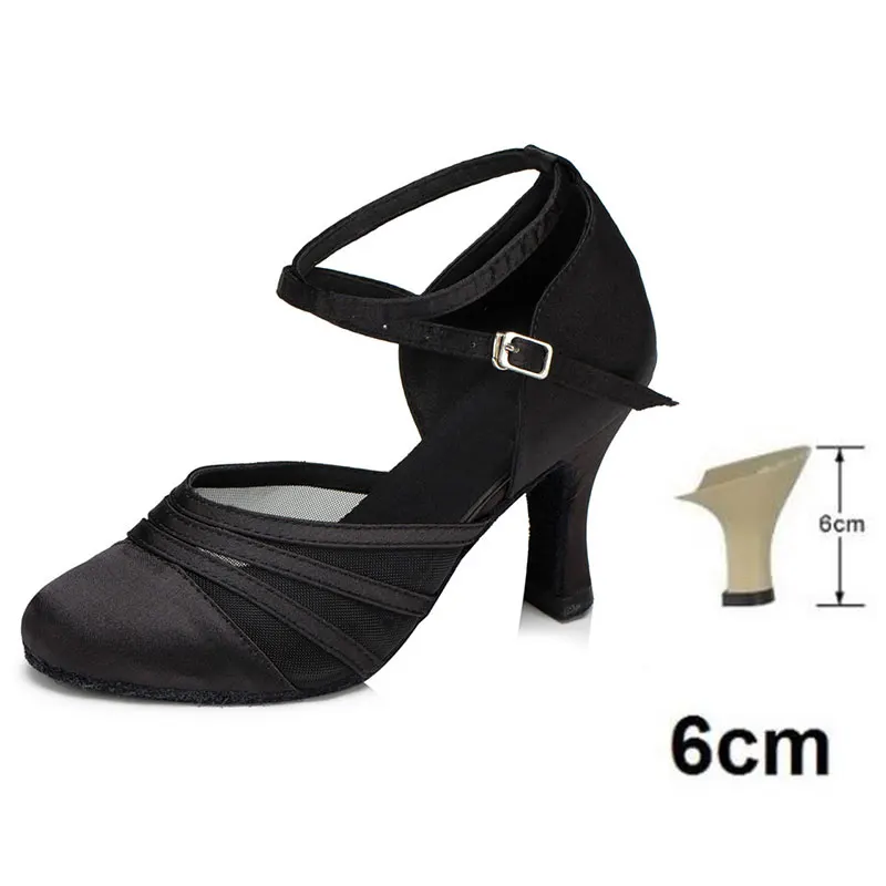 HROYL Women's dance shoes Latin Tango heeled ballroom dance shoes Silk printing Salsa wedding party dancing wholesale 5-10CM - Цвет: Black 6CM
