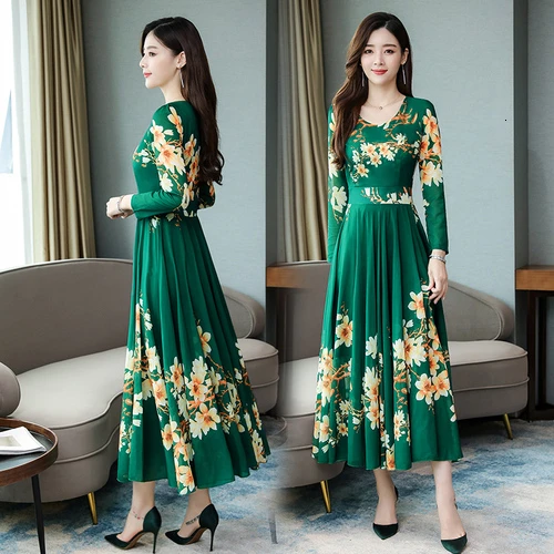 

2019 Early Autumn Temperament Chiffon Dresses Long Sleeved Print Office Lady Maxi Dress Green Black Red Plus Size Women Clothes