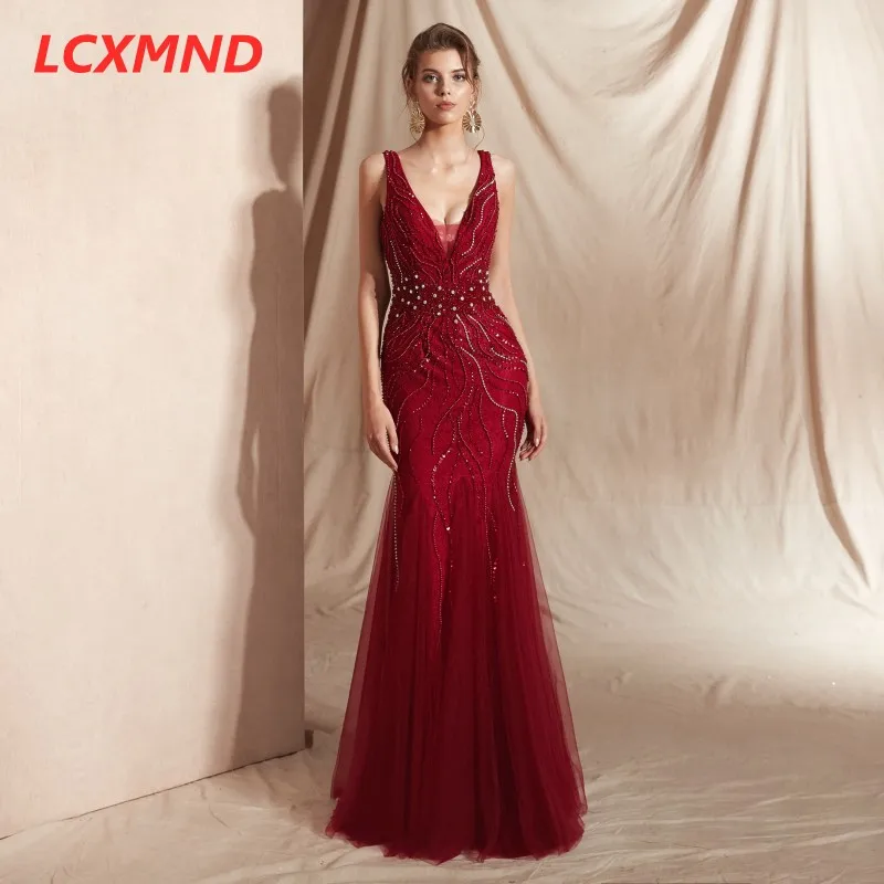Бордовое вечернее платье Русалочки с v-образным вырезом, длинное, Vestido de Festa, с открытой спиной, украшенное бисером, вечернее платье для выпускного бала, платья - Цвет: as picture