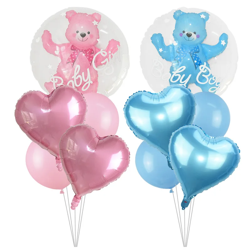 24inch/60cm Baby Boy or Girl Bear Bubble Balloon Foil Latex Ballons for Baby Shower Decoration Gender Reveal Party Globos Decor