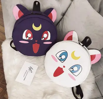 

New Anime Sailor Moon Luna Artemis Round Girls Canvas Backpack Kawaii School Student Bag Lolia Fashion Handbag Purple White