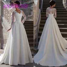 ANJURUISI кружевные свадебные платья с длинными рукавами трапециевидной формы с v-образным вырезом и аппликацией на молнии с коротким шлейфом элегантные официальные свадебные платья онлайн