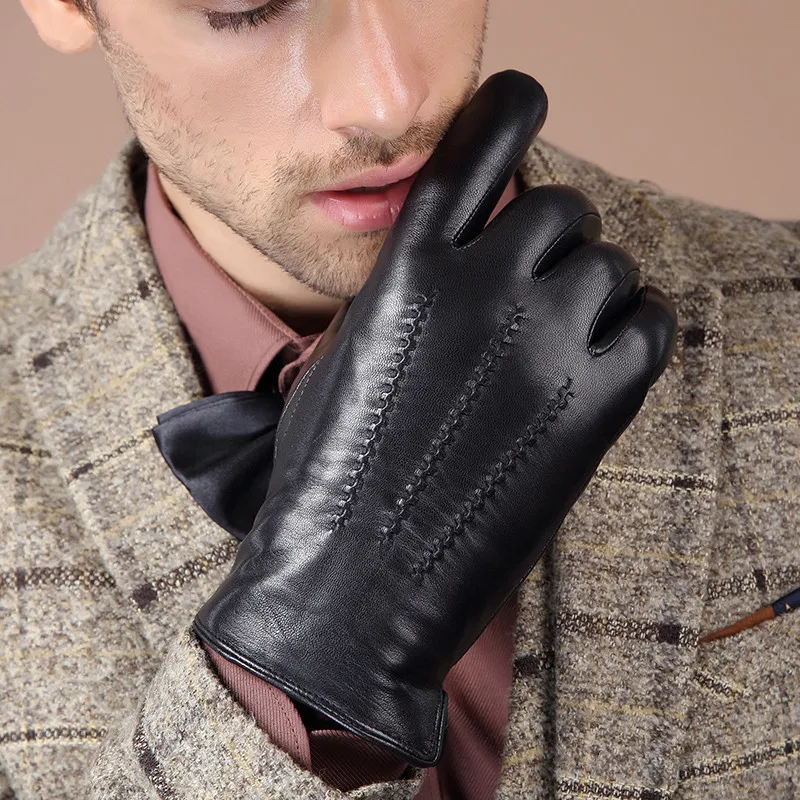 Men's Genuine Goatskin Leather Gloves Winter Warm Touch Screen Gloves