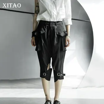

XITAO Irregular Striped Plus Pockets Calf Length Pants Women 2020 Summer Casual Fashion Style Minority Mid Waist Pants ZP1233