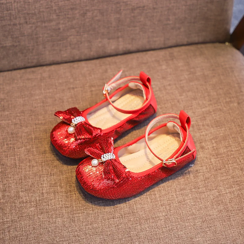 

2020 Spring New Style CHILDREN'S Shoes Girls Pearl Bow Princess Shoes Sequin Gradient Color biao yan xie