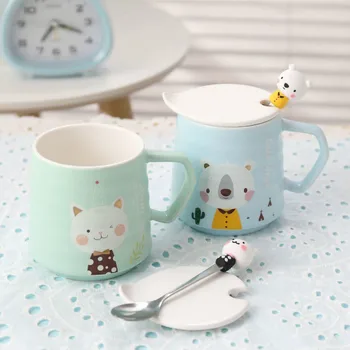 

Creative Cute Rabbit Ceramic Cup Cartoon Children Milk Mug with Lid Scoop Large Capacity Breakfast Cereal Cups Coffee Juice Mugs