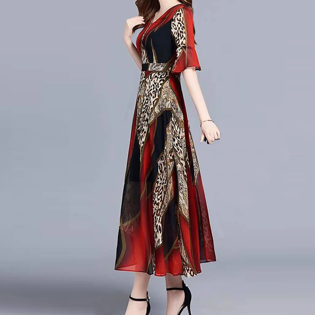 Женское модное летнее платье с v-образным вырезом длиной до колена с коротким рукавом с леопардовым принтом, женское платье Vestidos размера плюс M840