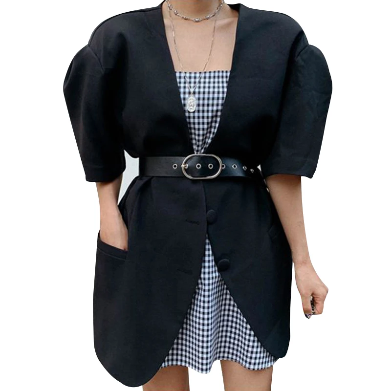 Винтажный Блейзер CHICEVER, пальто, женское платье с v-образным вырезом, платье с рукавами фонариками, свободная с поясом, тонкая одежда блейзеры для женщин, модная новинка лета