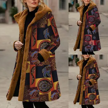 

2019 New Autumn Winter Coat Women Vintage Print Fleece Hooded Long Sleeve Winter Button Plus Size Long Coat