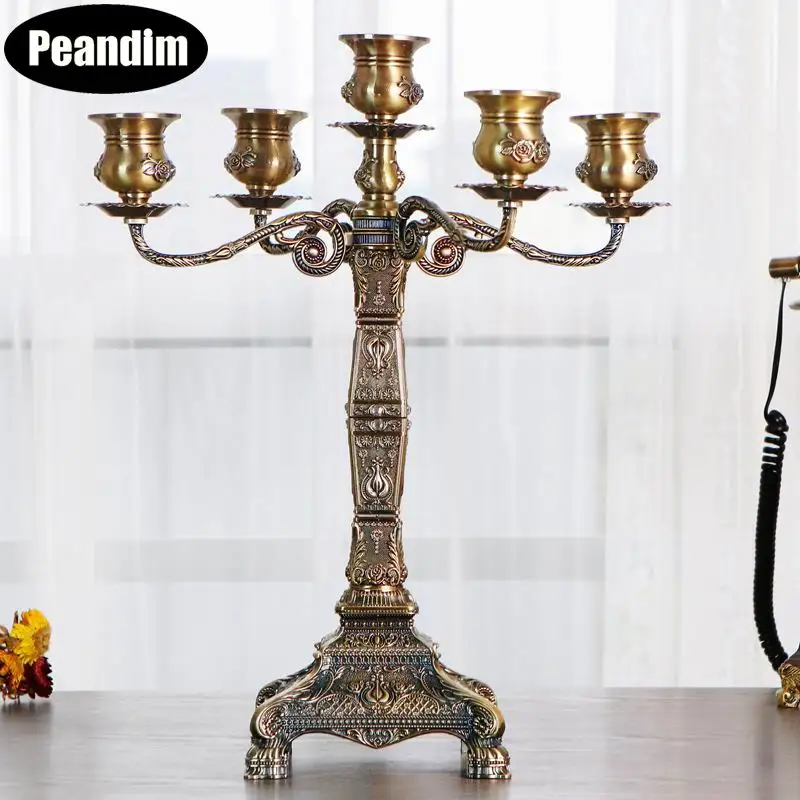 

PEANDIM Bronze Candle Holders Luxury 5 Arms Wedding Candlestick Party Home Decorations Candelabra For Table Centerpieces