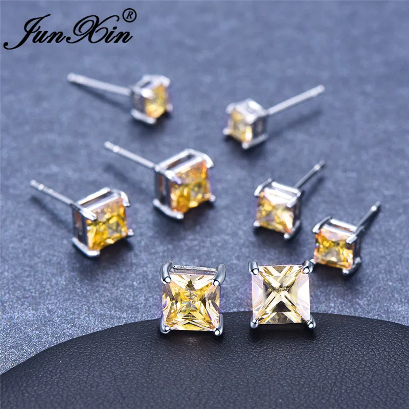 Vintage Yellow Crystal Princess Square Stud Earrings Geometric Zircon Stone Wedding Earrings For Women Stacking Ear Studs