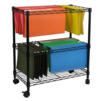 

Black Two Layer File Office Study Newspaper Document Magazine Storage Rack With Wheels Room Book Transportation Cart Organize