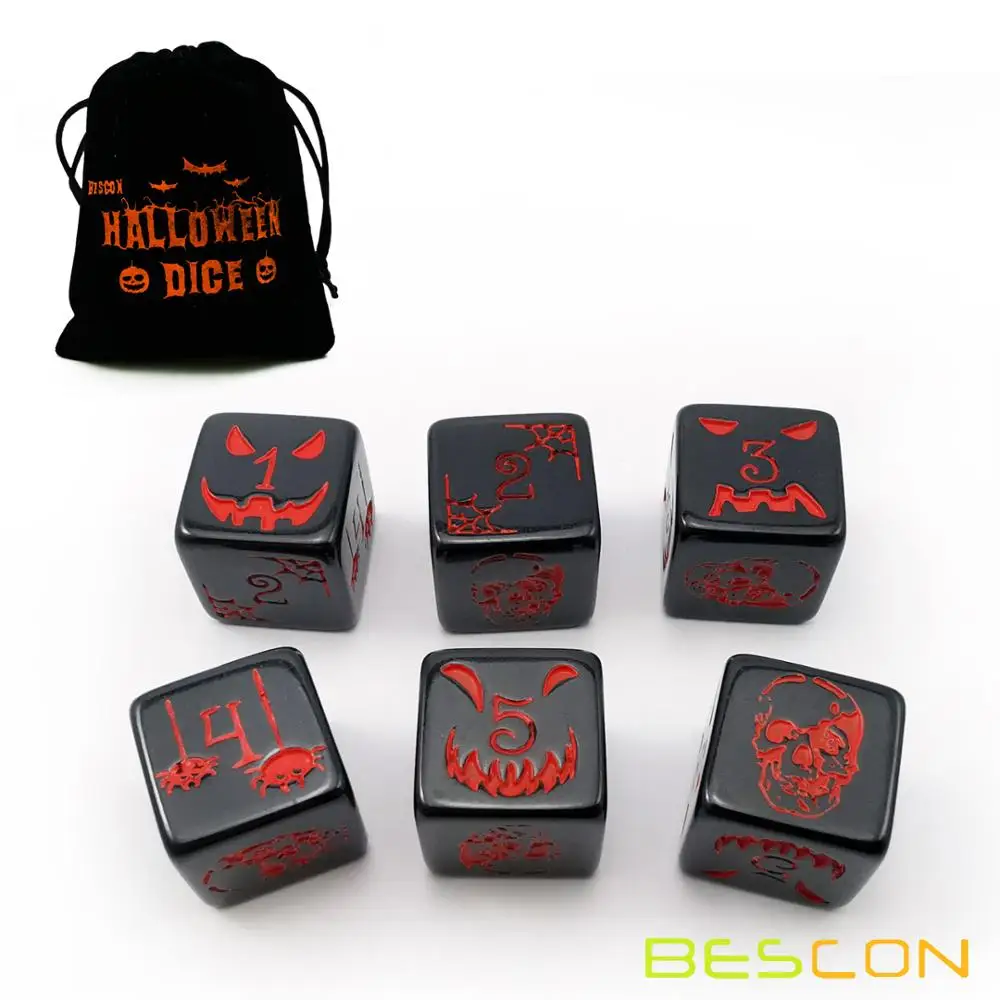 Set of 6 Bescon Halloween Dice 6 Sides in Solid Black, 6 Sided Halloween Dice Set in Velvet Pouch 2