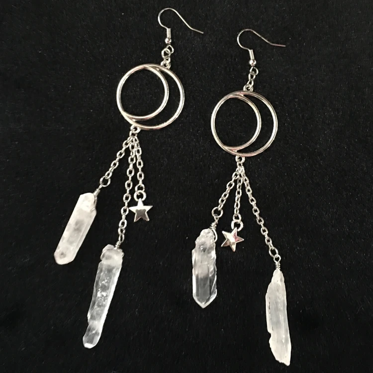Silver Plated Crescent Moon Clear Quartz Crystal Witchy Earrings, Gothic Occult Natural Crystal