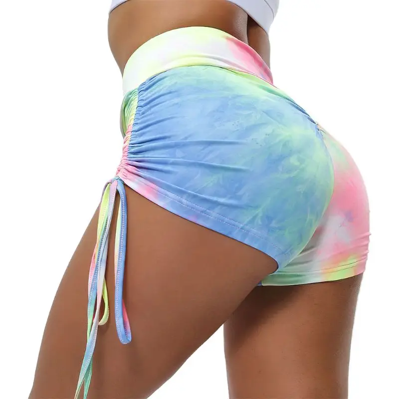 

Women Cross Front High Waist Sport Shorts Rainbow Tie-Dye Workout Running Leggings Ruched Drawstring Butt Lifingt Tights