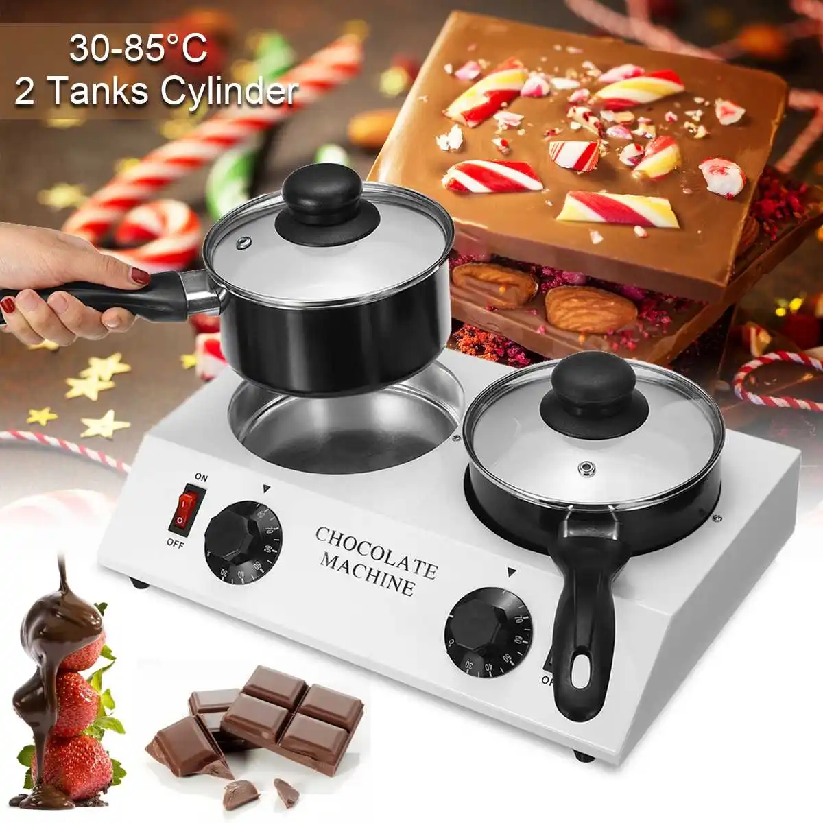 

Chocolate Melting Machine 2 Tanks Cylinder Pot Electric Cheese Chocolate Melting Machine Fondue Party Melter Chocolate Fountain