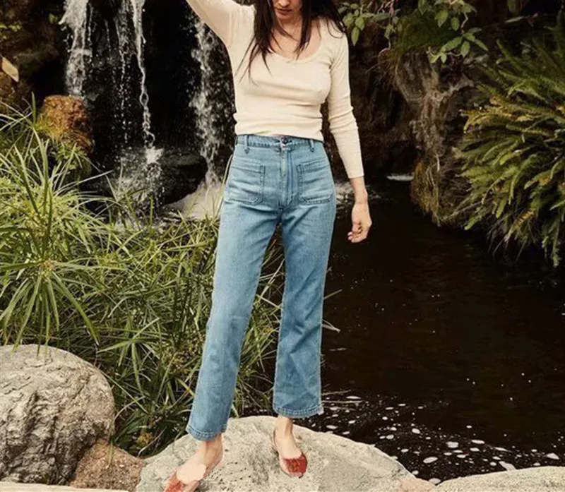 Vaqueros Retro de dos colores para mujer, pantalones largos elásticos de  cintura alta, Micro Flare, holgados, de pierna ancha con bolsillos, otoño  de 2020 - AliExpress Ropa de mujer
