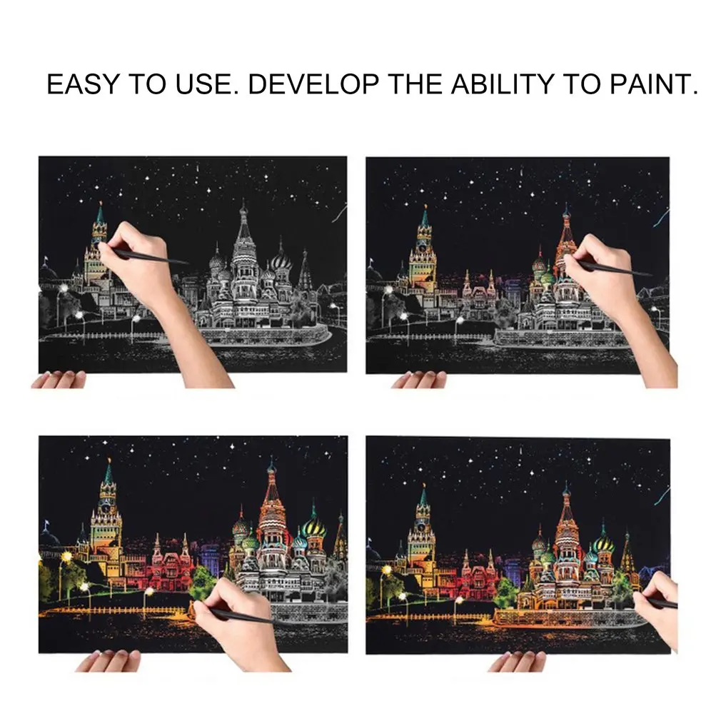 

Large City Night Kids Scraping Paper Scratch Picture Painting Travel Memory Urban Night Scene DIY Craft Birthday Gift for kids