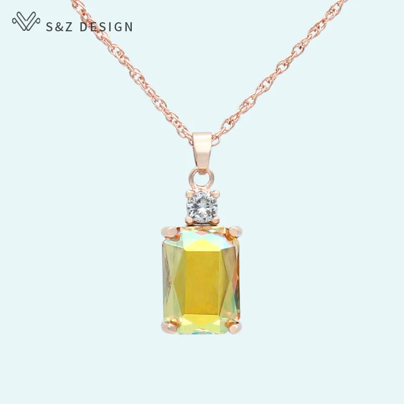 S&Z DESIGN New Square Crystal 585 Rose Gold Color Pendant Necklace For Women Wedding Party Fashion Jewelry