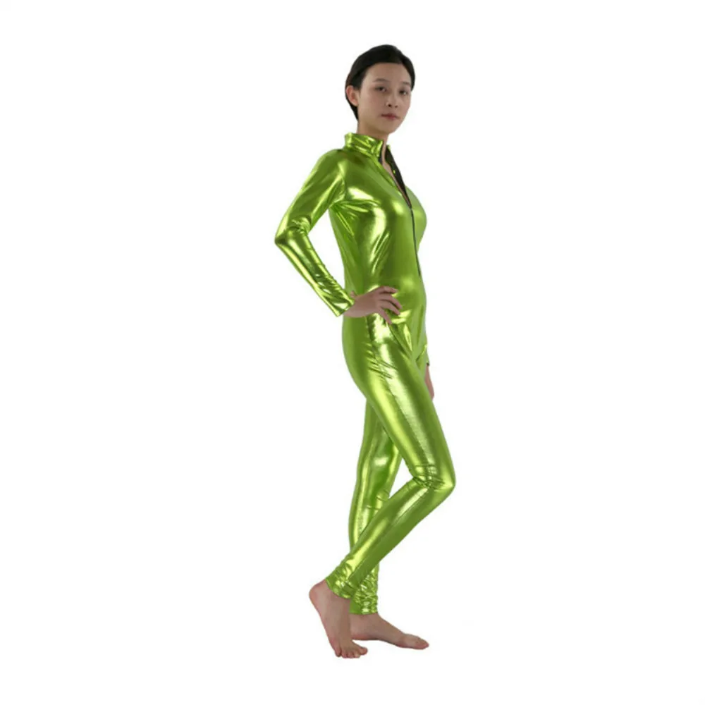 

Women's sexy Spandex jumpsuits Shiny Metallic Catsuit Front Zipper Bodysuit Skin Tight Costume