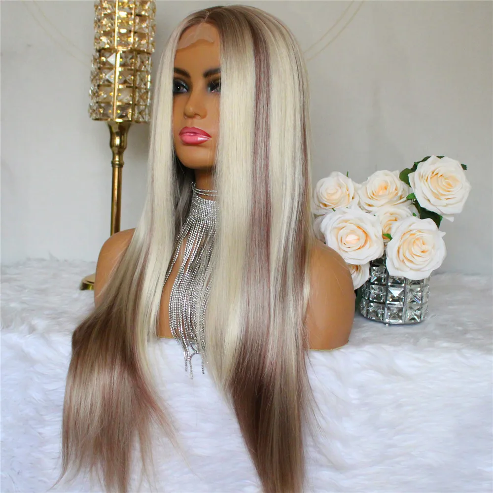 Synthetic Lace Wigs Straight Hair Brown and Blonde Mixed Colored Highlight Wigs for Women 2x4'' Middle Part Lace Wigs