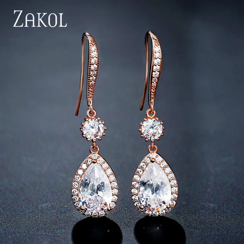 Бренд ZAKOL, высокое качество, кубический цирконий, кристалл, длинные висячие серьги, каплевидные Свадебные вечерние ювелирные изделия для женщин, FSEP2223 - Окраска металла: Rose Gold Color