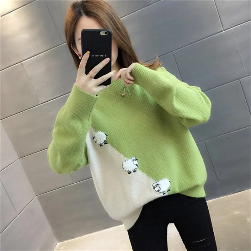 

Fall new color contrast pullover sweater women's loose outer wear cartoon knitted bottoming shirt trendy women