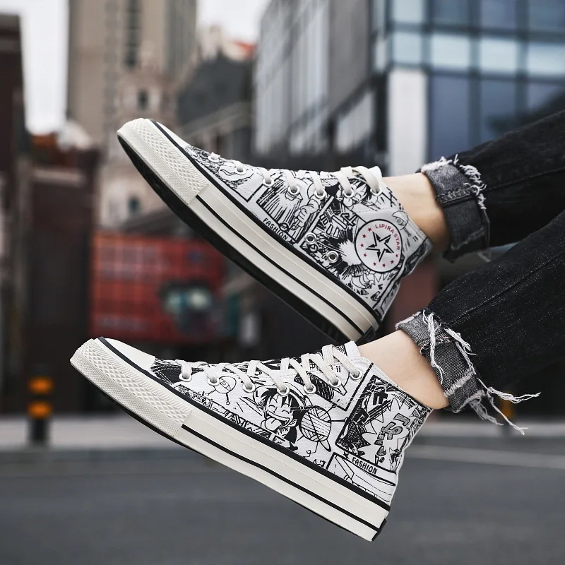 Zapatos de lona con grafiti de una pieza para hombre, calzado informal para estudiantes, zapatillas vulcanizadas de lona para jóvenes