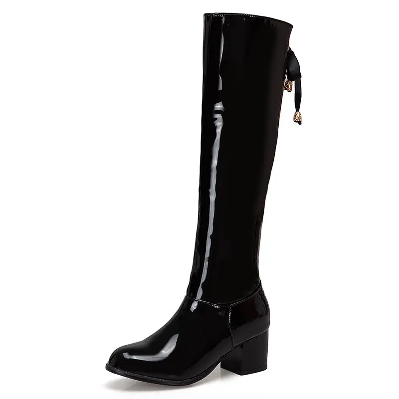 Lasyarrow black fashion autumn winter boots women round toe high heels knee high boots ladies prom shoes woman boots plus size - Цвет: Черный