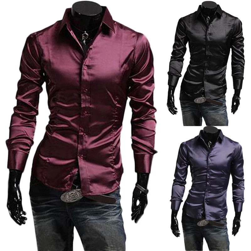 2119 New Hot Men's Silk Dress Shirt Solid Long Sleeve Casual Formal Button Silk Shirts High Quality