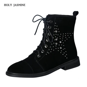 

2020 New Genuine Leather Winter Women Pumps Dress Martin Boots Platform Fashion Rhinestone Lace Up Round Toe Botas Women Shoes