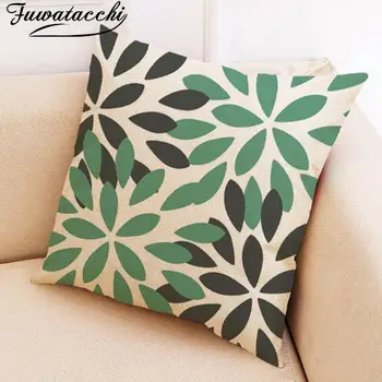 

Fuwatacchi Linen Cushion Cover Nordic Geometric Pillow Green Leaves Throw Pillow Case Square for Home Deco Bed Sofa Funda Cojin