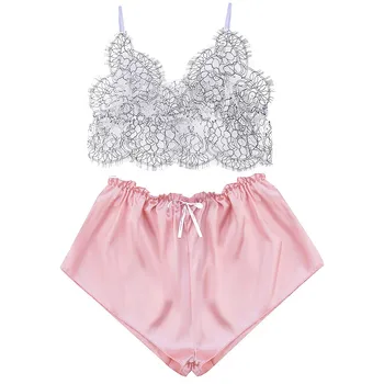 

2020 Fashion Women 2pcs Lace Sleepwear Sexy Shorts Pajama Set Ladies Sleepwear Female Pajama Homme Transparent Party Set Pijamas