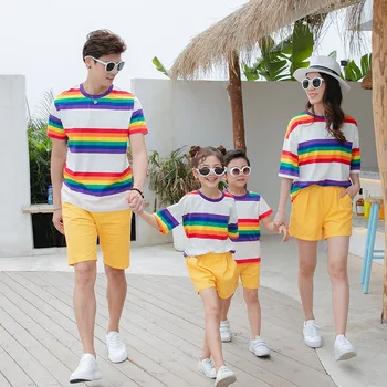 

Family Look Striped Mother and Daughter Clothes Rainbow 2pcs/set Twins Brother Boys Sister T Shirt+ Yellow Pants for Family