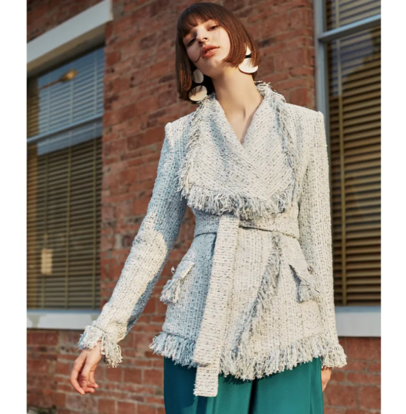 Tweed Jacket Coat Women Autumn Winter Wool Overcoat Female Luxury Brand Runway Tassel Coat With Belt Chic Checkered Lady Outwear