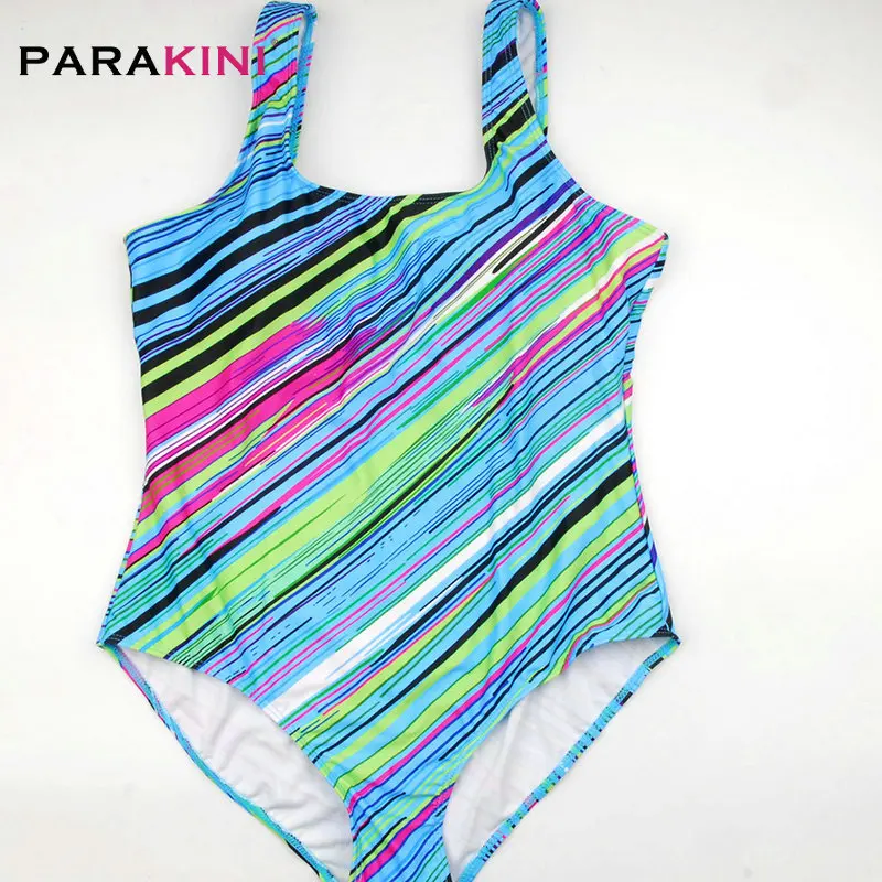 

PARAKINI Plus Size Swimwear Female Rainbow One Piece Swimsuit Women Retro Vintage Bathing Suits Large Size One-Piece Monokini