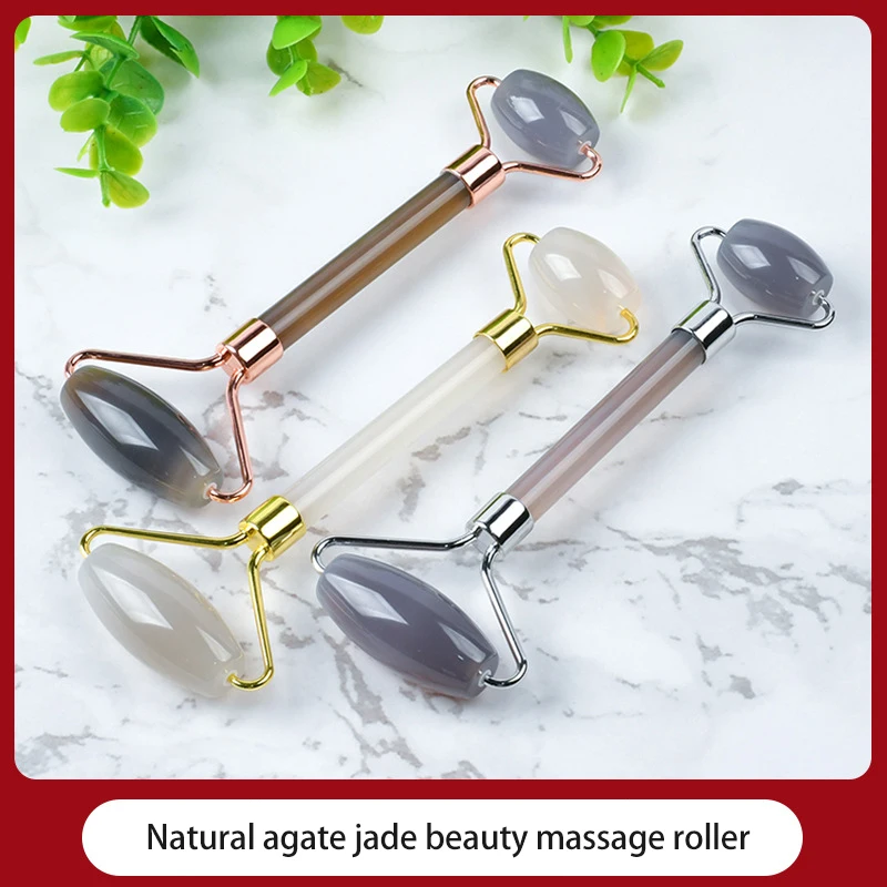 Natural grey agate jade double head massage roller facial body massage beauty massage tool lift facial skin to reduce wrinkles