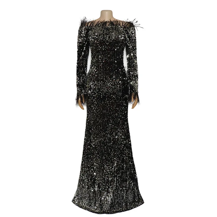 Расшитое блестками женское длинное платье с расклешенными рукавами Элегантное Черное перо с вырезом лодочкой на молнии облегающее платье в пол Сексуальные вечерние платья для ночного клуба