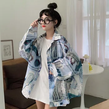 

Harajuku Print Long Sleeve Shirts Loose High Street Shirt Women Turn-down Collar Lazy Blue Shirts