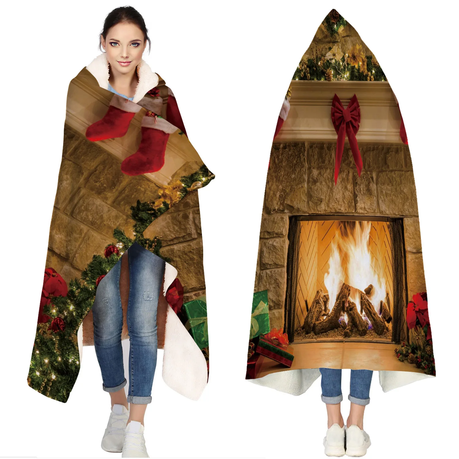 

Merry Christams Fireplace Portable Wearable Fluffy Custom Hooded Blanket Fleece Hooded Throw WrapBed Blanket