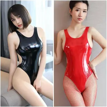 

Sexy Lingerie Women Latex Body Sexy Leather Leotard Bodysuit WetLook Lace up Jumpsuit Catsuit Clubwear Romper Nightwear