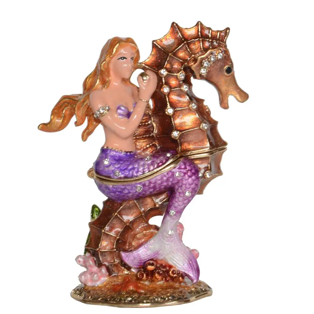 Mermaid Trinket Box Seahorse Enameled Jewelry Container, Nautical Decoration Figurine, Collectible Gift