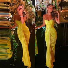  Verngo Bright Yellow Chiffon&Satin Pleats Long Prom Dresses Sweetheart Mermaid Floor Length Evening Gowns Women Party Dress 
