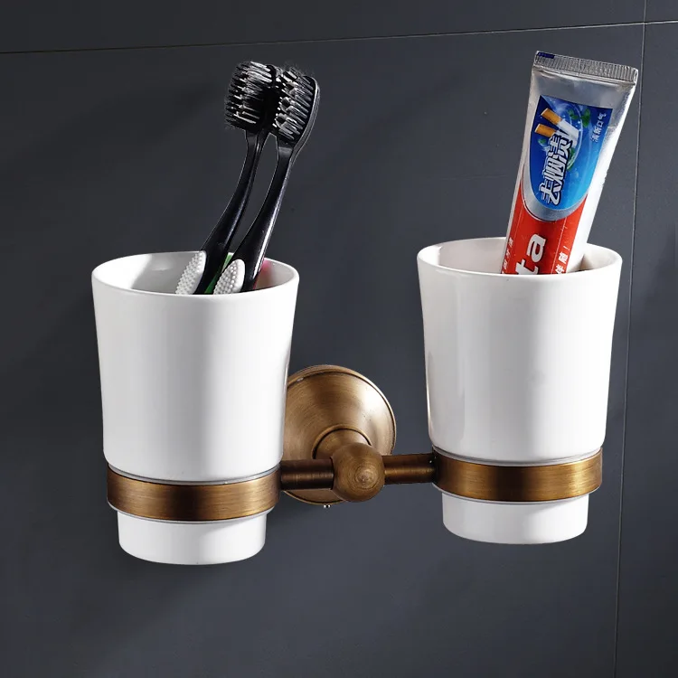 

Factory Price Direct Supply Toothbrush Cup Holder Antique Color Copper Handmade Brushed Mounted Double Cup Load-Bearing 5-6 Kilo