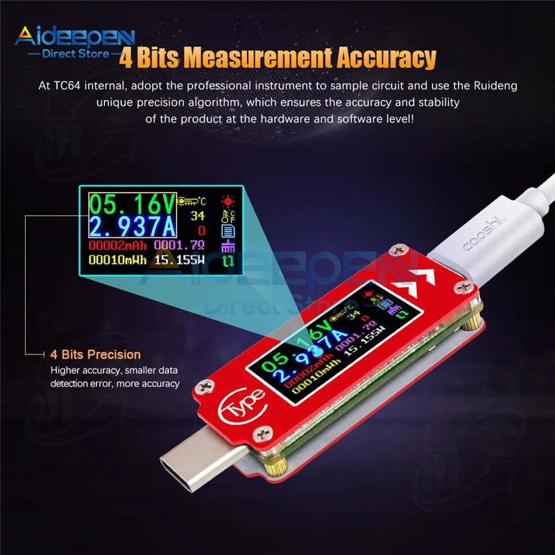 TC64 тип-c ЖК-цветной экран USB Вольтметр Амперметр мульти-тестер функций инструмент обнаружения напряжения измеритель тока контроллер зарядки