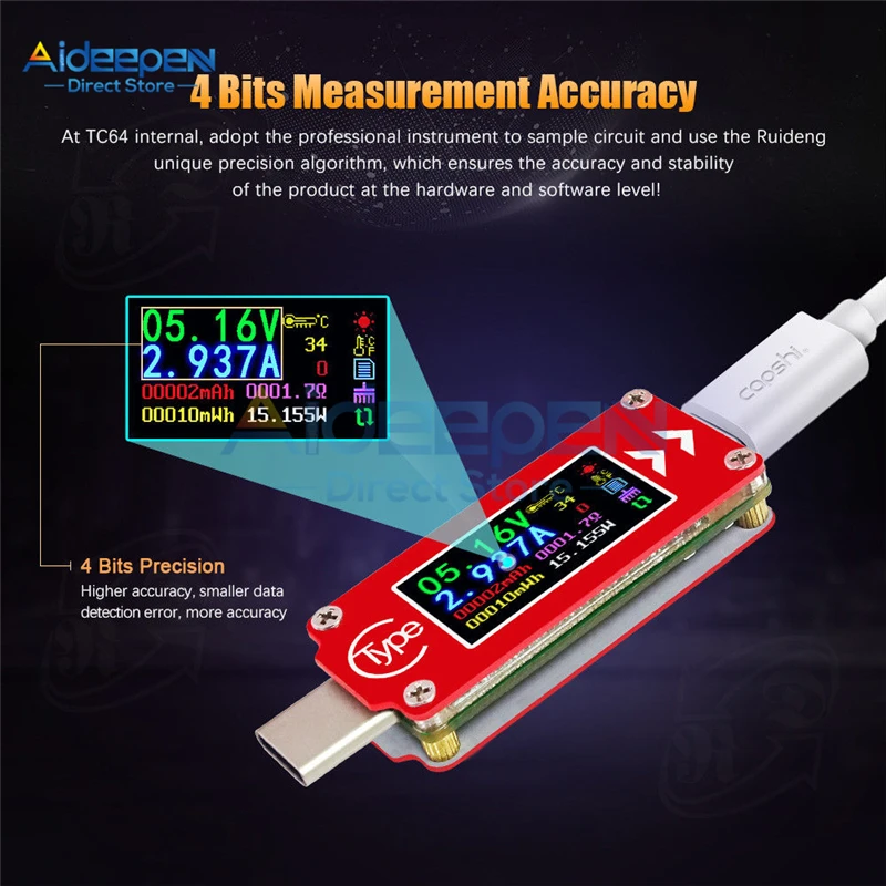 USB-C Full Color LCD 1.44" UT25 TC64 Current Voltage Power Capacity Meter Tester 