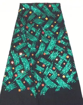 

(5yards/Piece) 2019 newest African organza lace fabric in deep green with sequins embroidery French Mesh tulle Lace for par