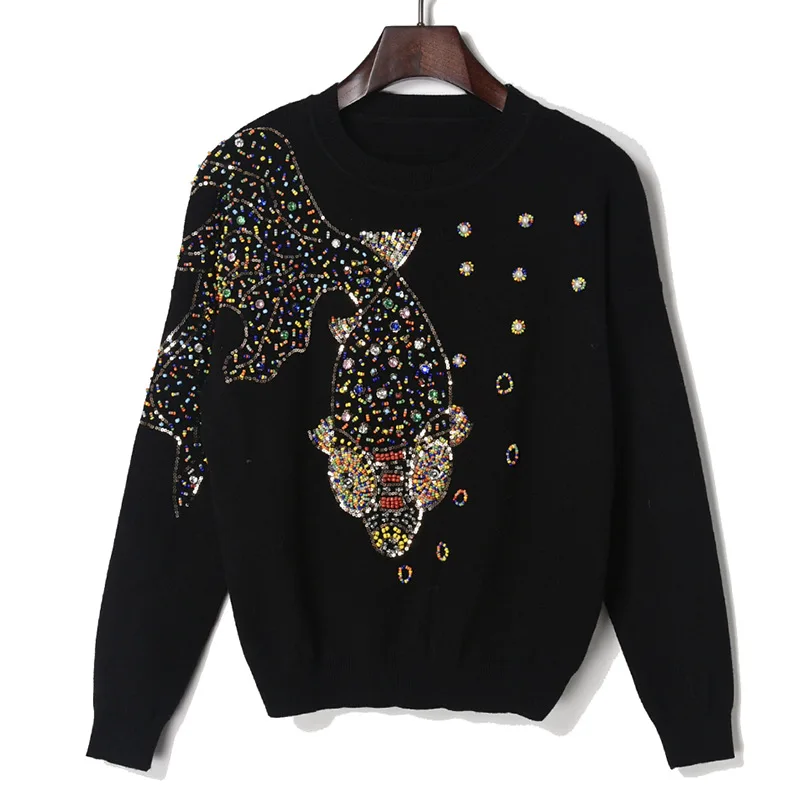 

NEW Autumn Winter 2019 Women Sweaters and Pullovers Hand Made Beadings Knitted Sweater Pullover Female Goldfish Print Jumpers
