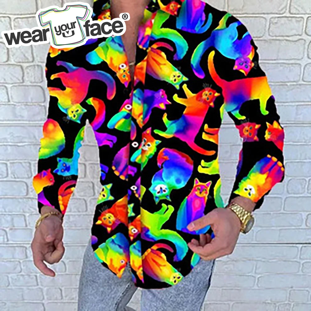 Rainbow Cats Multicolor 3D All Over Printed Hawaiian Casual Button Up Dress Shirts Full Sleeve Streetwear Men Clothing 50pcs pet dental wipes finger sleeve oral teeth mouth calculus tartar removing cleaning wipes for cats dogs puppy